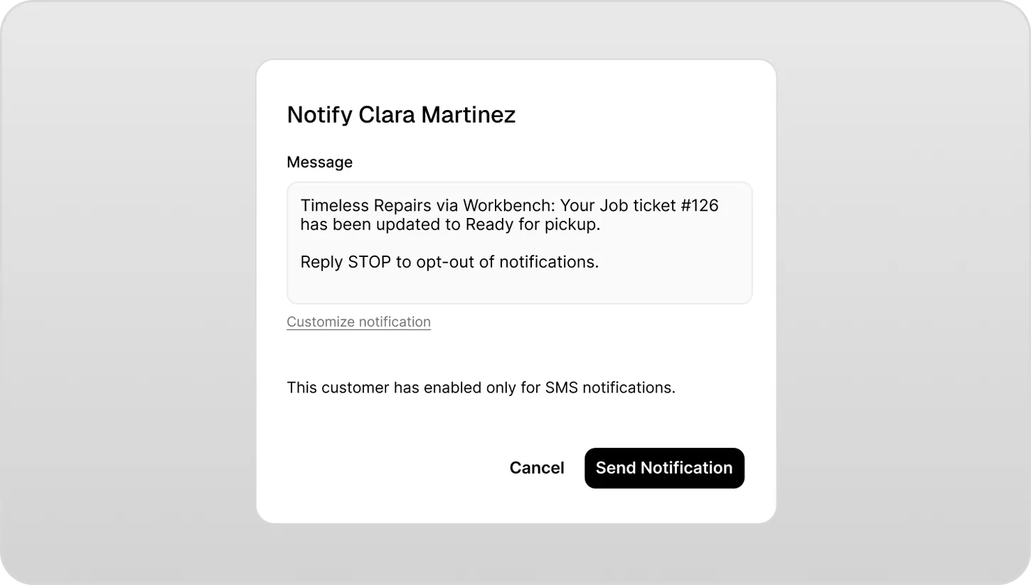 Workbench notification template editor with SMS and email preview