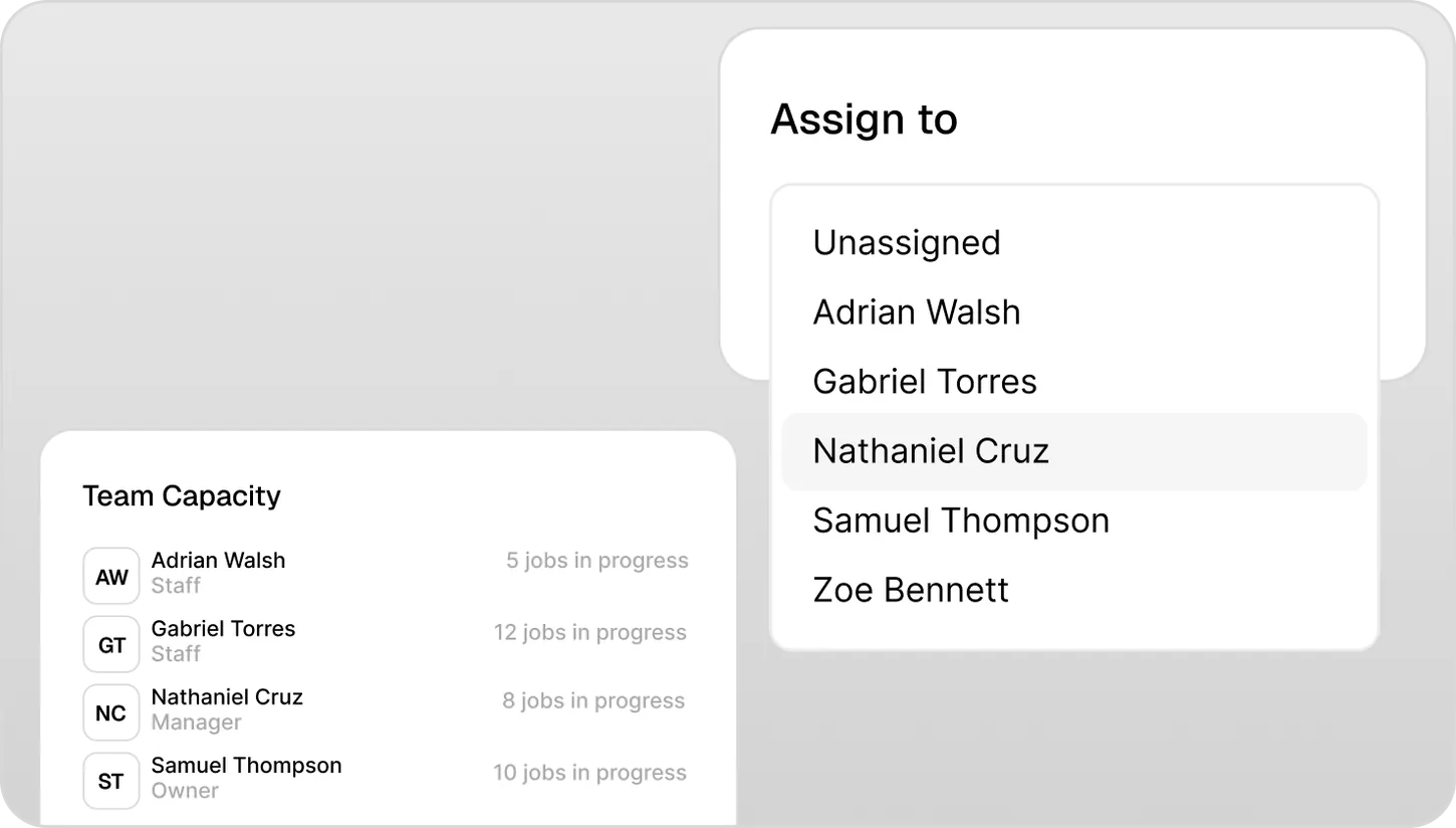 Workbench team view showing job assignment and technician overview