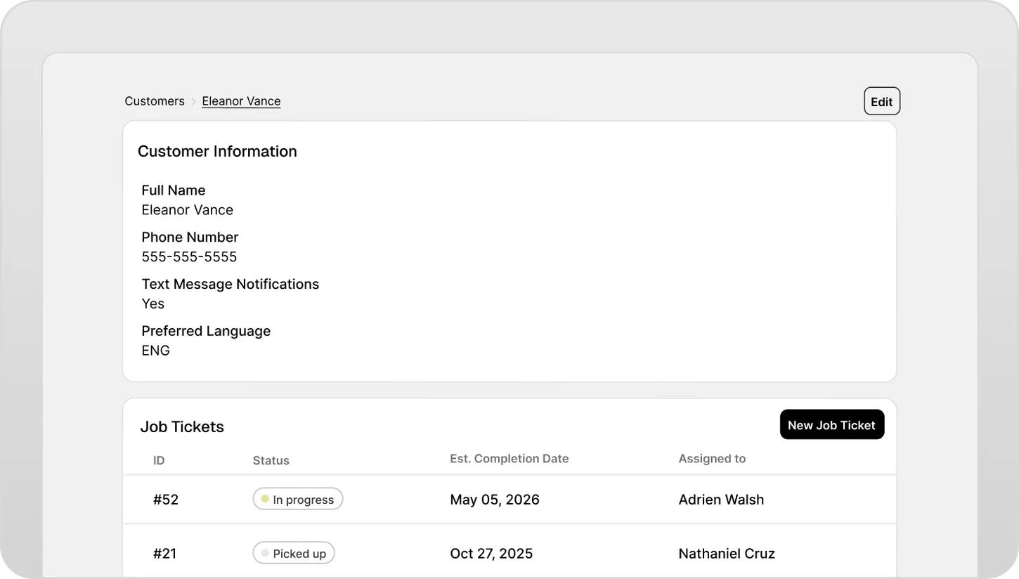 Workbench customer profile showing full job history