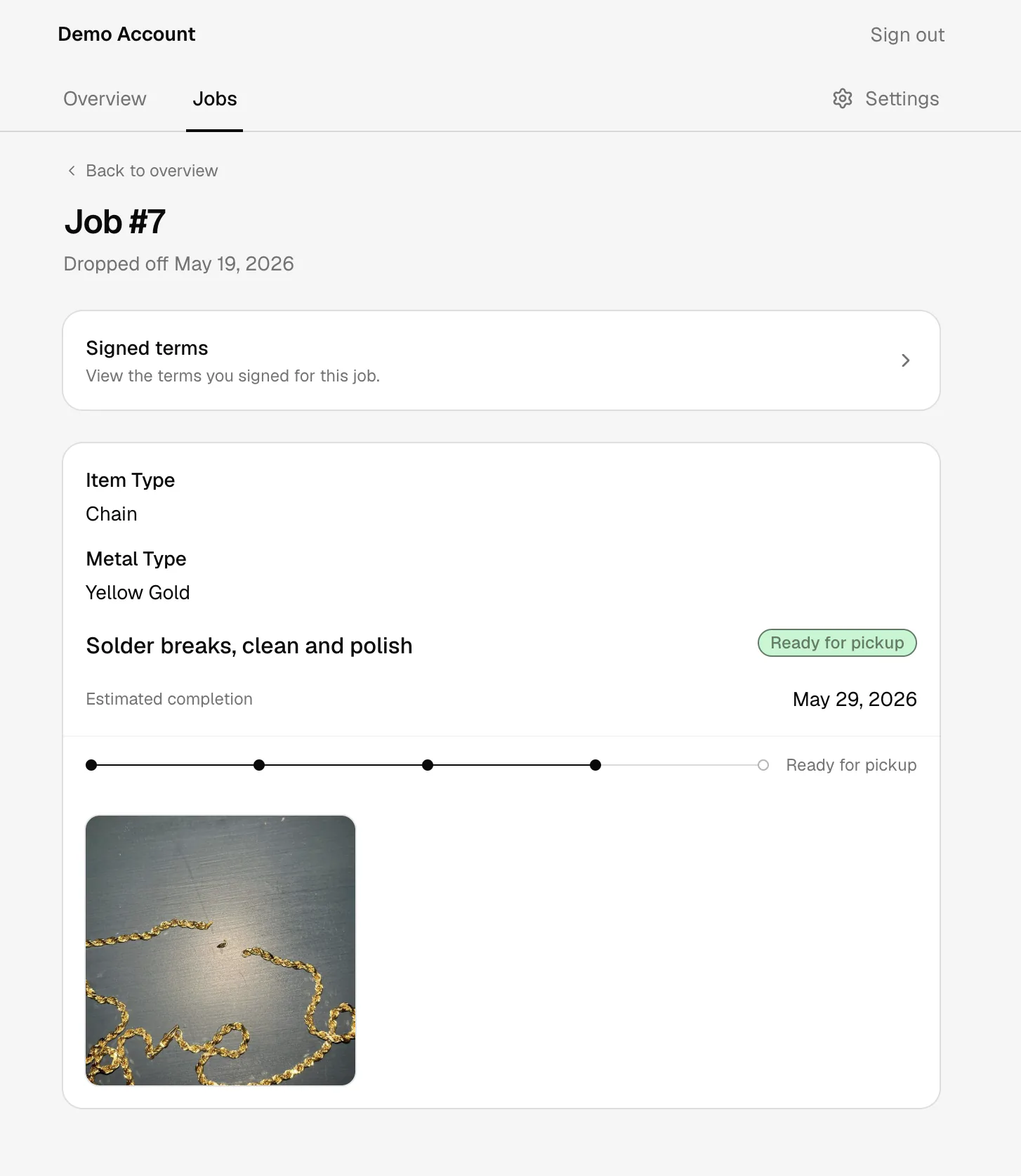 The individual job view for Job #7, a yellow gold chain solder repair marked Ready for pickup