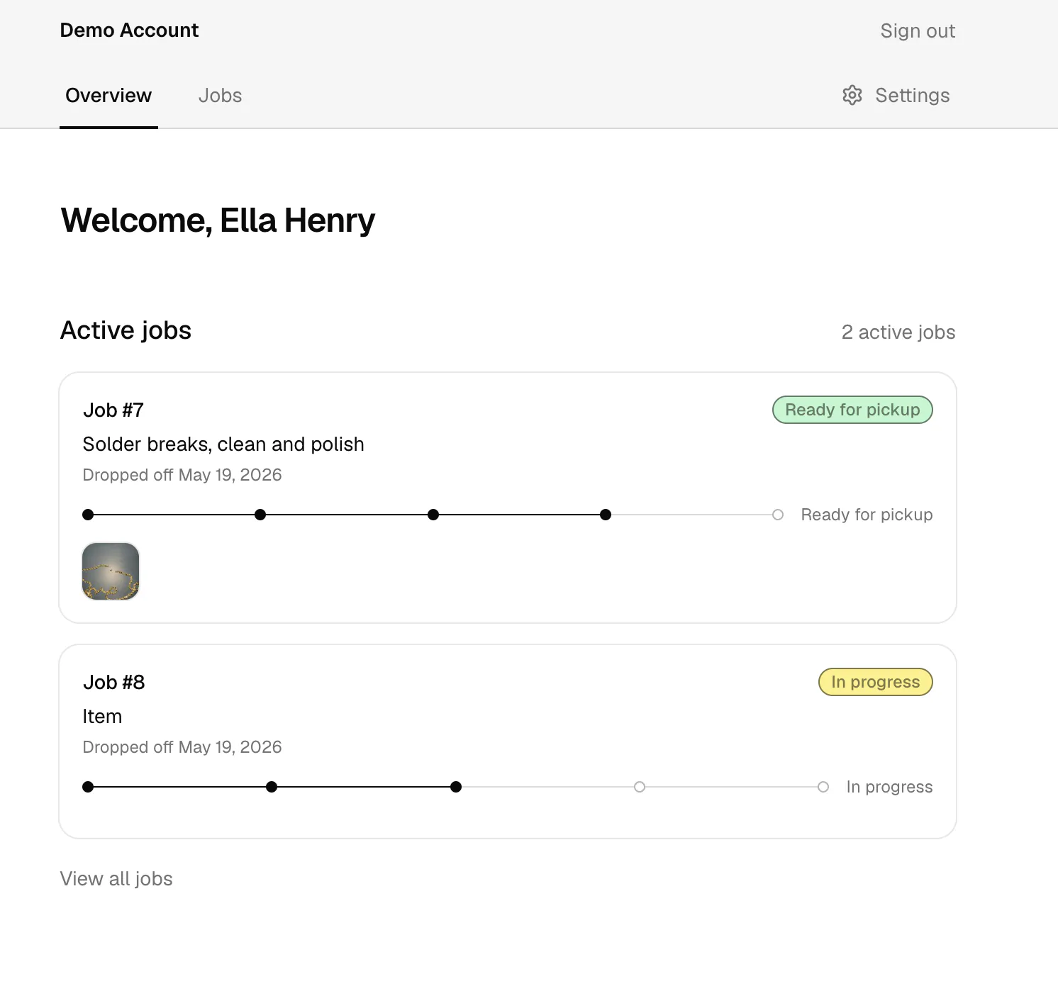 The customer portal overview, showing two active jobs with their current status and progress