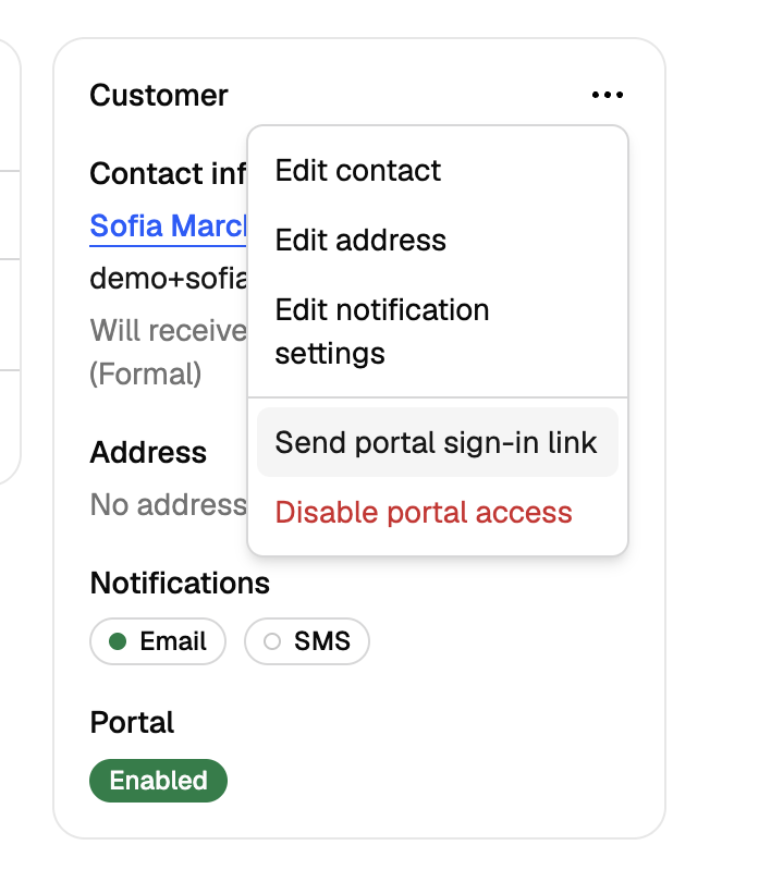 The customer profile menu open, showing the option to send a portal sign-in link