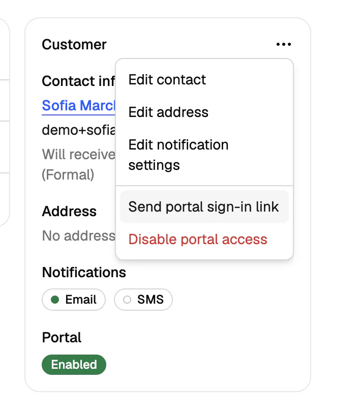 The customer profile menu open, showing the option to send a portal sign-in link