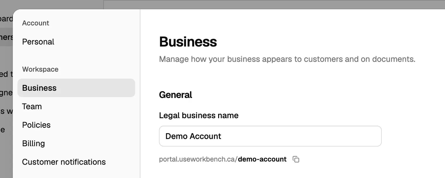 Business settings showing the shop's unique portal URL