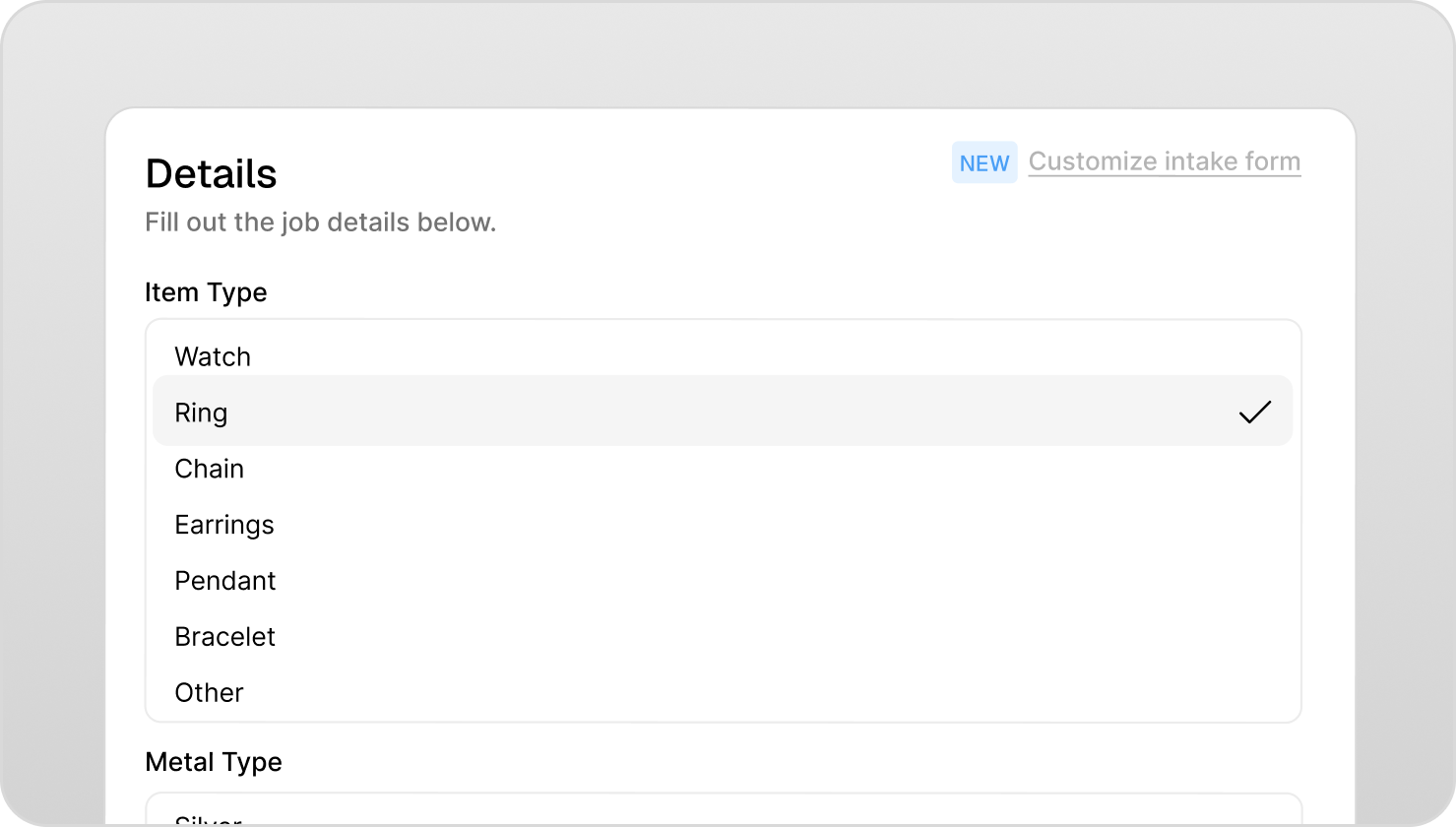 Workbench intake form showing customizable job detail fields