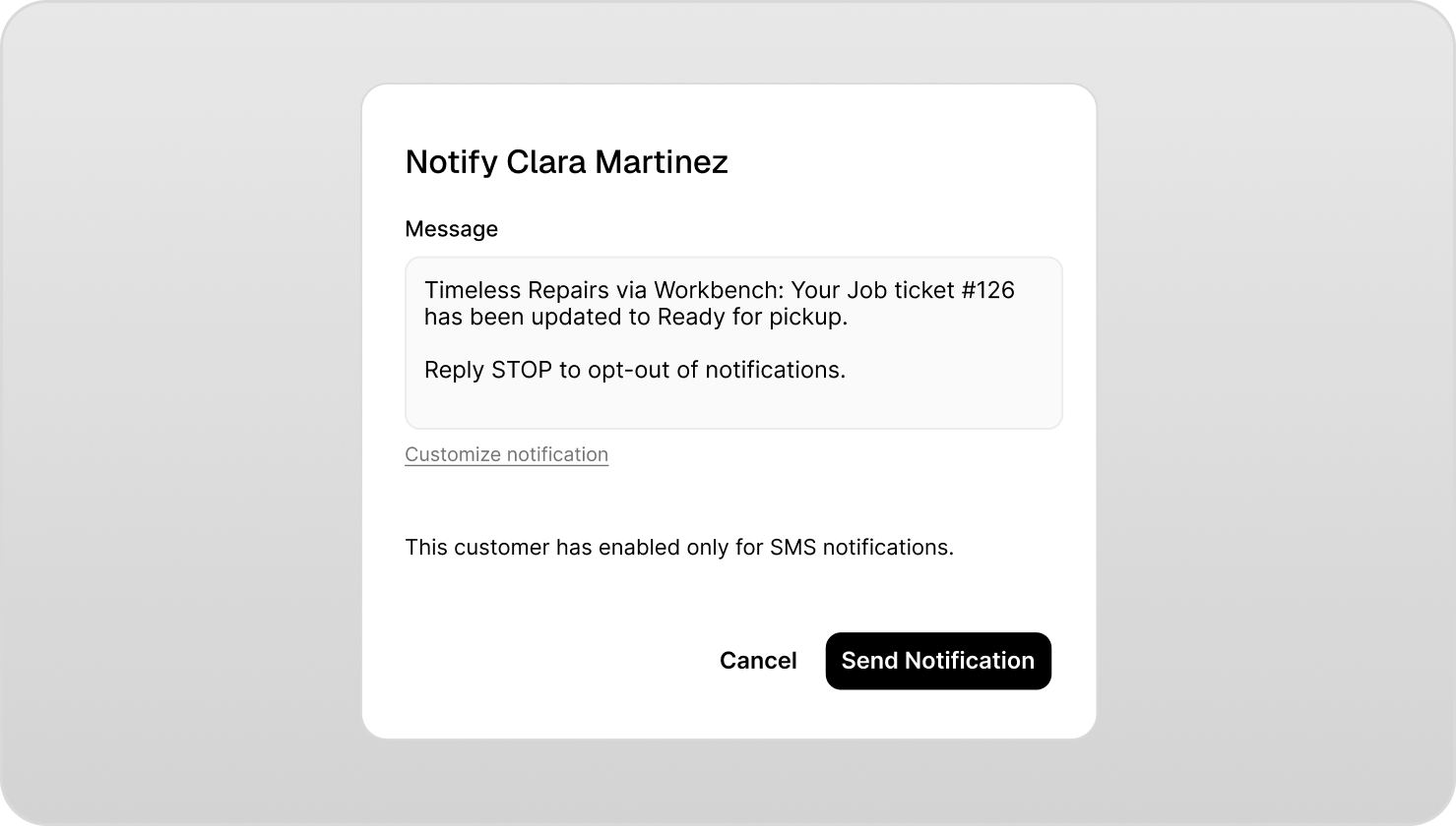 Workbench notification template editor with SMS and email preview