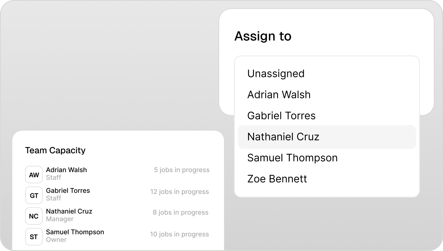 Workbench team view showing job assignment and technician overview