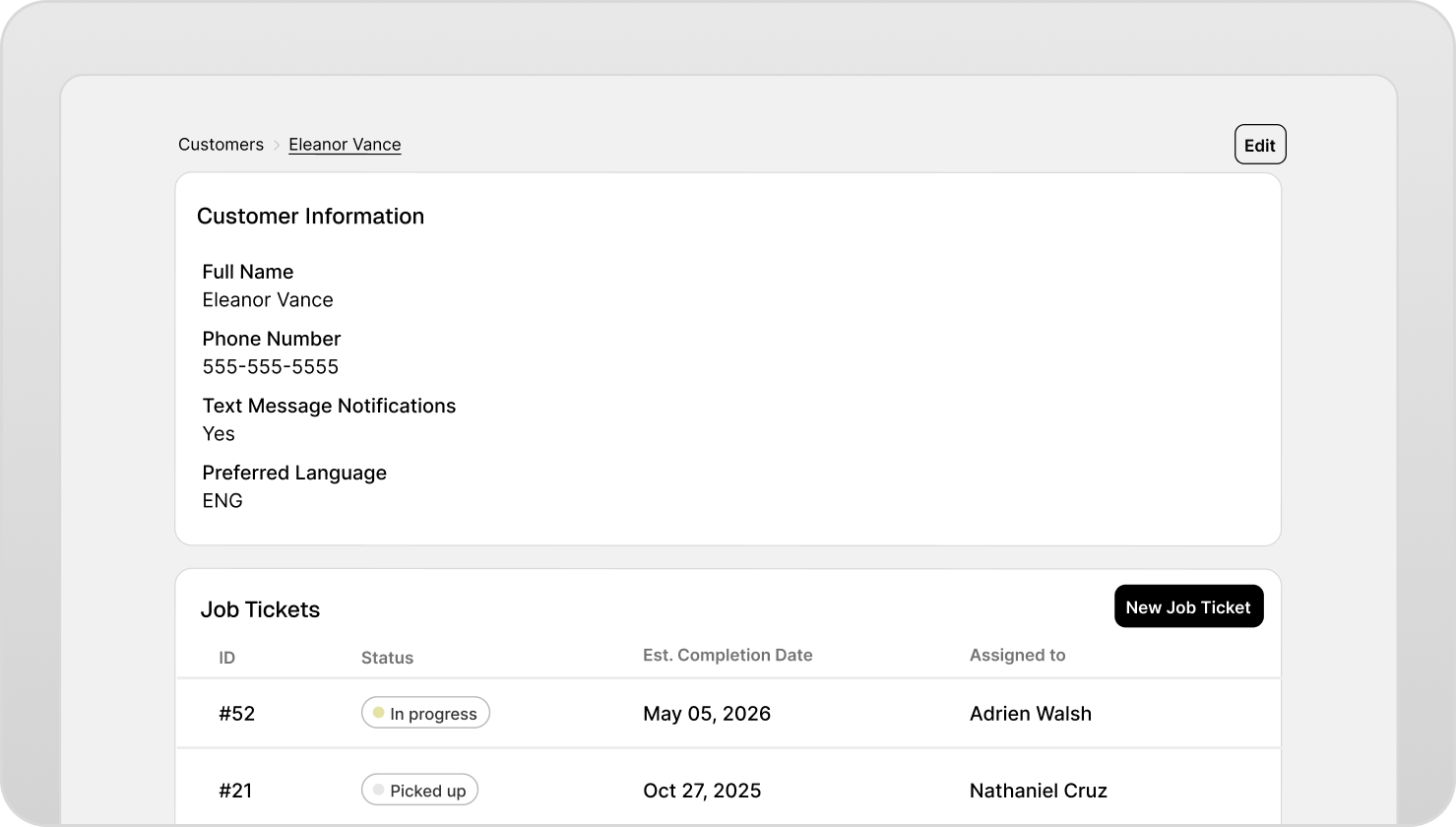 Workbench customer profile showing full job history